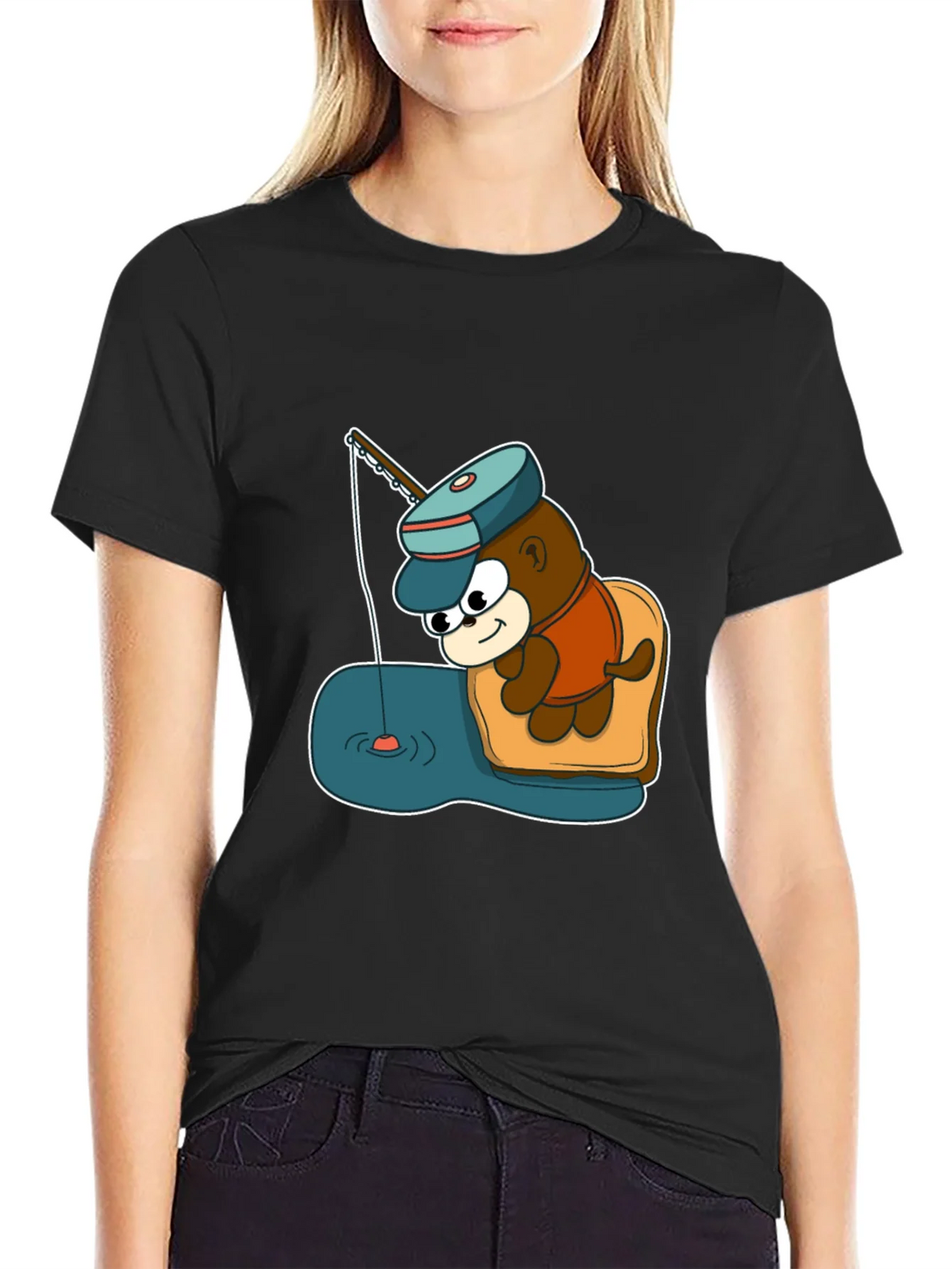 Cartoon Bear Fishing Graphic Tee - Black product image 2