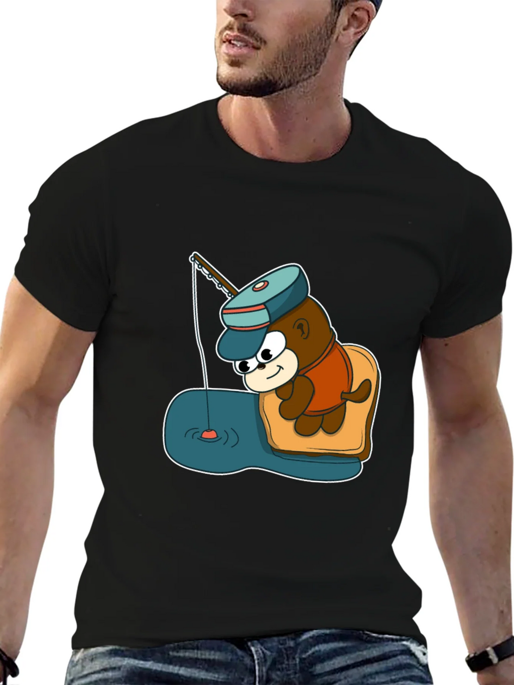 Cartoon Bear Fishing Graphic Tee - Black product image 6