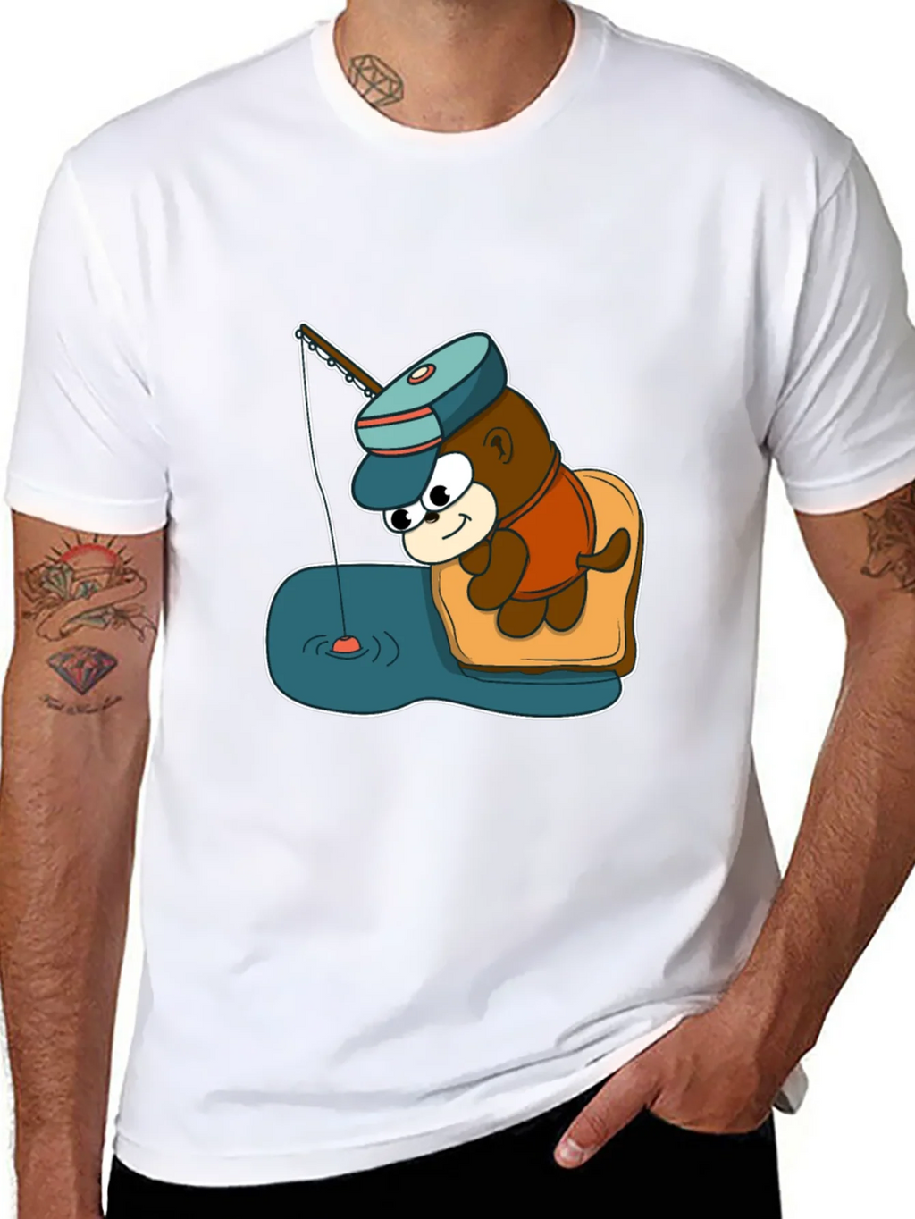 Cartoon Bear Fishing Graphic Tee - Black product image 7