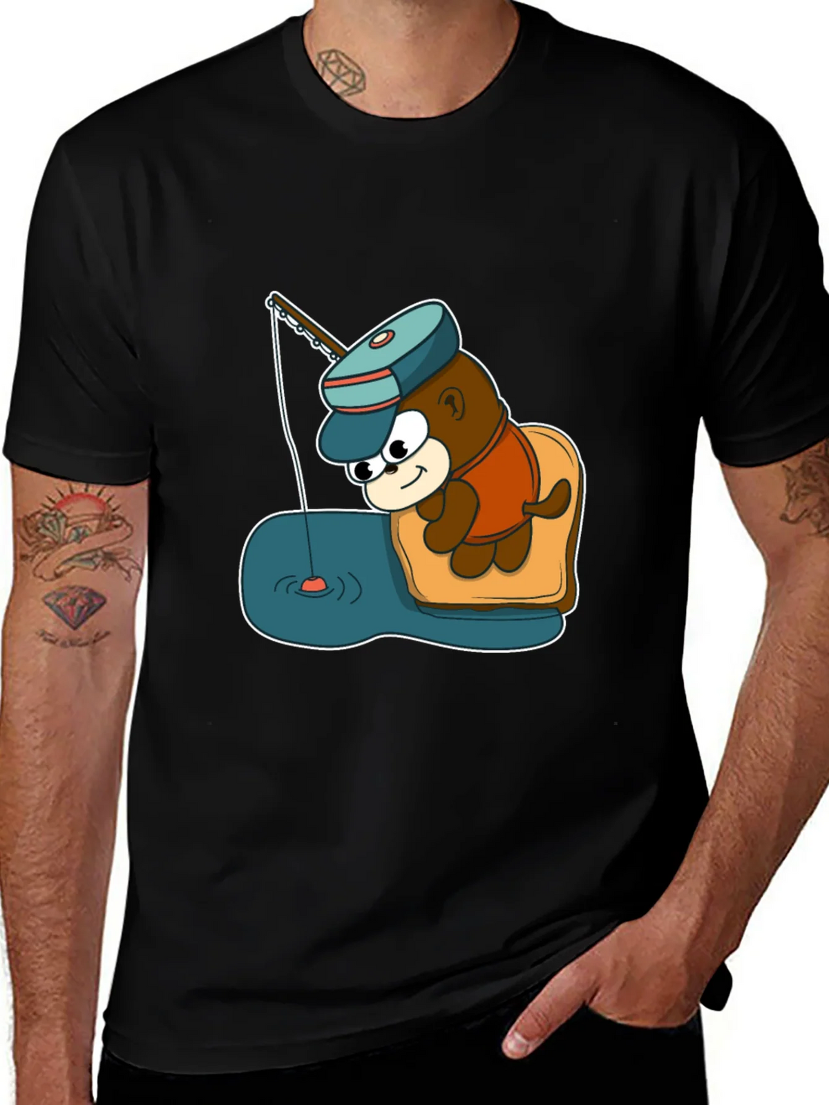 Cartoon Bear Fishing Graphic Tee - Black product image 1
